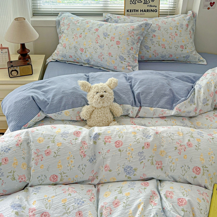 91家纺网 家纺一手货源 找家纺 一比一 2025新款古法水洗棉小布袋高克重云柔棉四件套 花海蓝