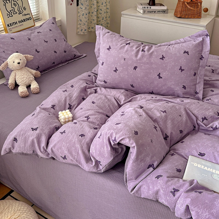 91家纺网 家纺一手货源 找家纺 一比一 2025新款古法水洗棉小布袋高克重云柔棉四件套 幻梦蝶影