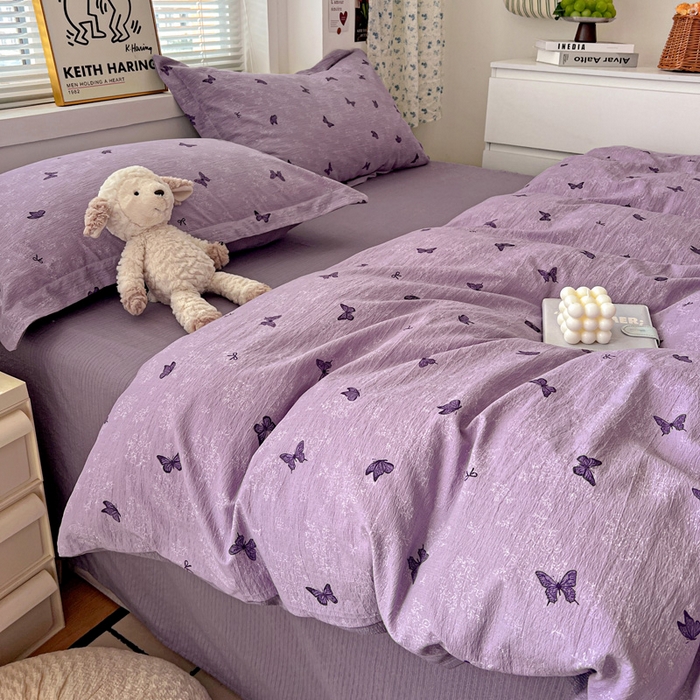 91家纺网 家纺一手货源 找家纺 一比一 2025新款古法水洗棉小布袋高克重云柔棉四件套 幻梦蝶影