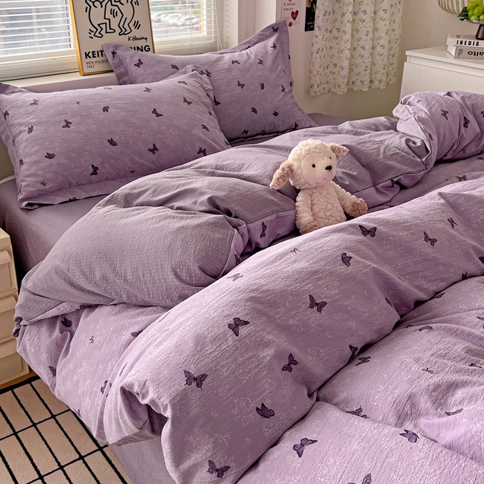 91家纺网 家纺一手货源 找家纺 一比一 2025新款古法水洗棉小布袋高克重云柔棉四件套 幻梦蝶影