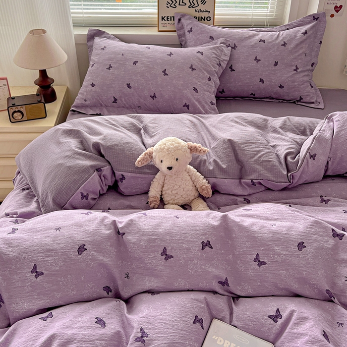 91家纺网 家纺一手货源 找家纺 一比一 2025新款古法水洗棉小布袋高克重云柔棉四件套 幻梦蝶影