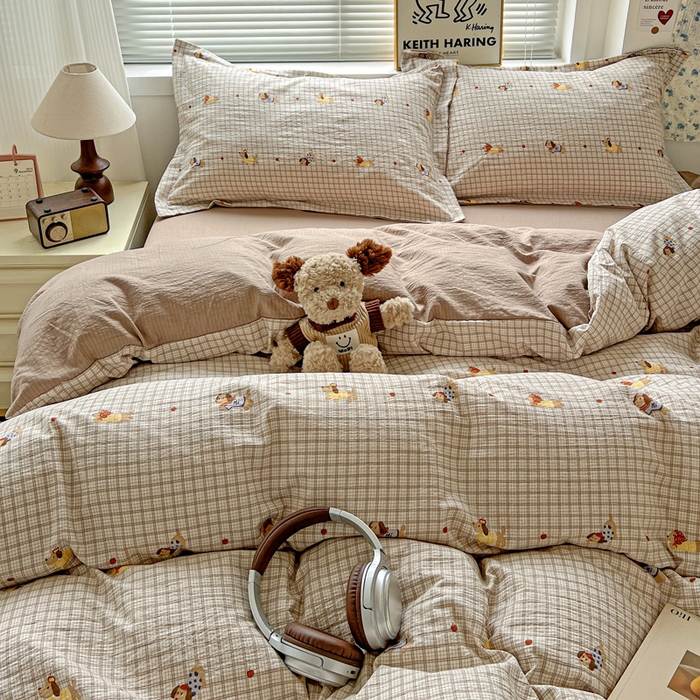 91家纺网 家纺一手货源 找家纺  一比一 2025新款古法水洗棉小布袋高克重云柔棉四件套 腊肠狗咖