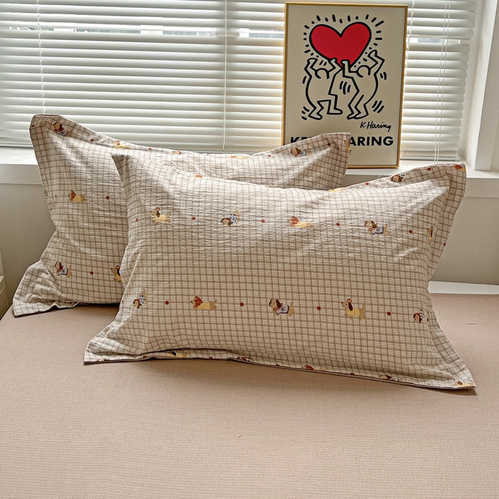 91家纺网 家纺一手货源 找家纺  一比一 2025新款古法水洗棉小布袋高克重云柔棉四件套 腊肠狗咖