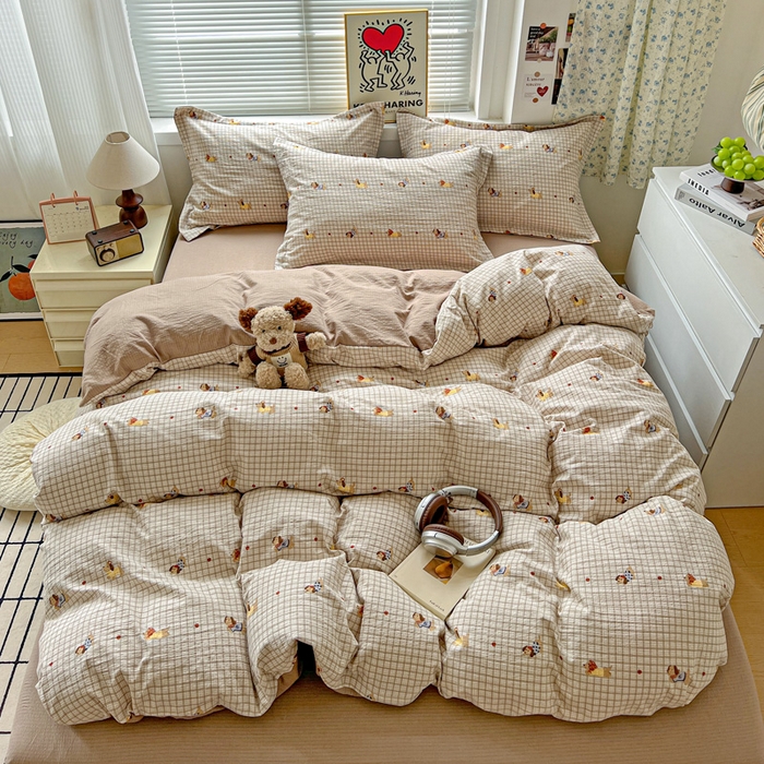 91家纺网 家纺一手货源 找家纺  一比一 2025新款古法水洗棉小布袋高克重云柔棉四件套 腊肠狗咖