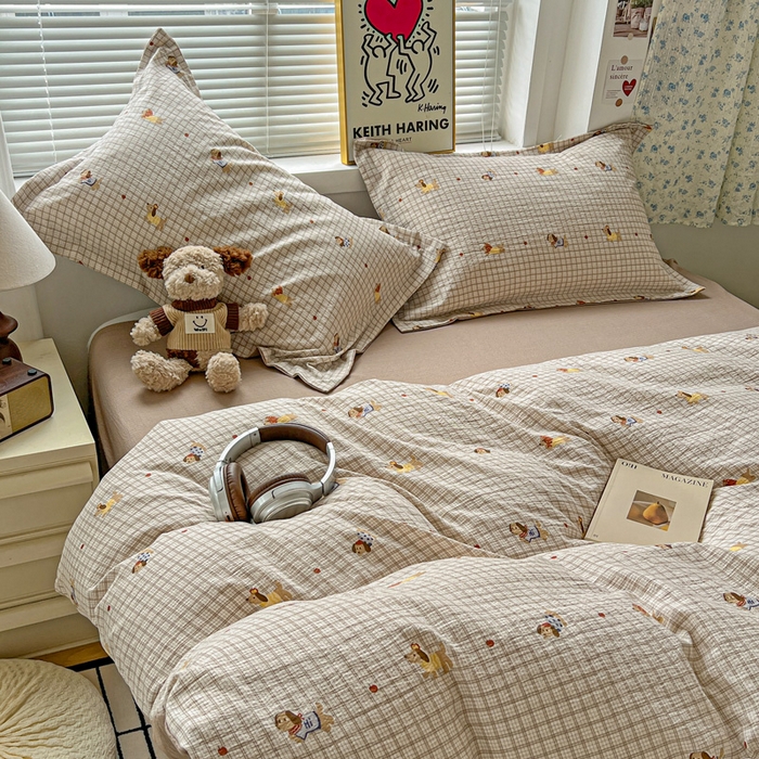 91家纺网 家纺一手货源 找家纺  一比一 2025新款古法水洗棉小布袋高克重云柔棉四件套 腊肠狗咖