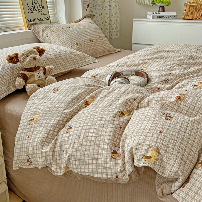 91家纺网 家纺一手货源 找家纺  一比一 2025新款古法水洗棉小布袋高克重云柔棉四件套 腊肠狗咖