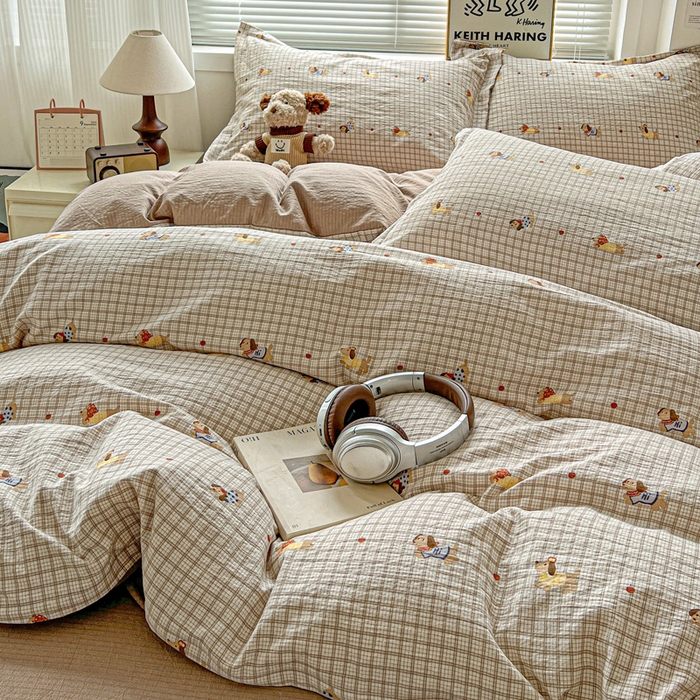 91家纺网 家纺一手货源 找家纺  一比一 2025新款古法水洗棉小布袋高克重云柔棉四件套 腊肠狗咖