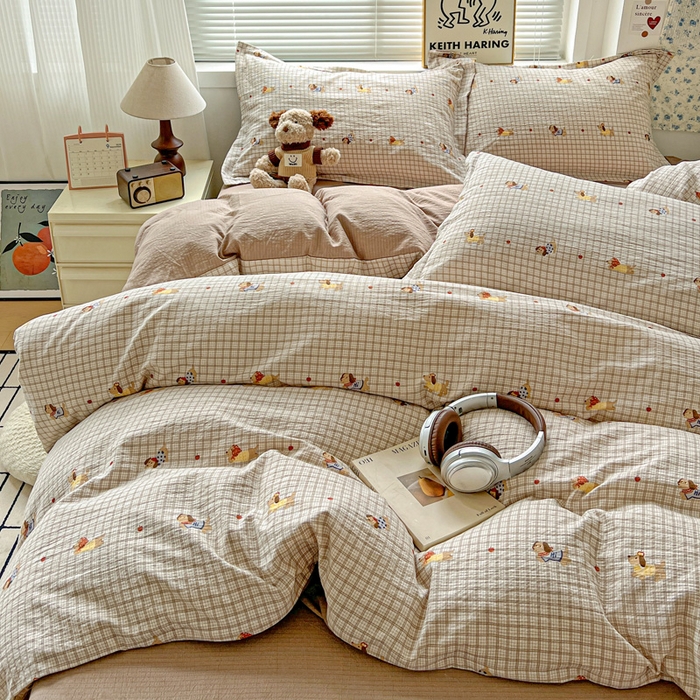 91家纺网 家纺一手货源 找家纺  一比一 2025新款古法水洗棉小布袋高克重云柔棉四件套 腊肠狗咖