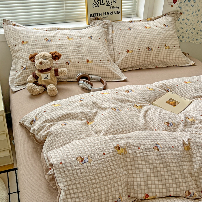 91家纺网 家纺一手货源 找家纺  一比一 2025新款古法水洗棉小布袋高克重云柔棉四件套 腊肠狗咖