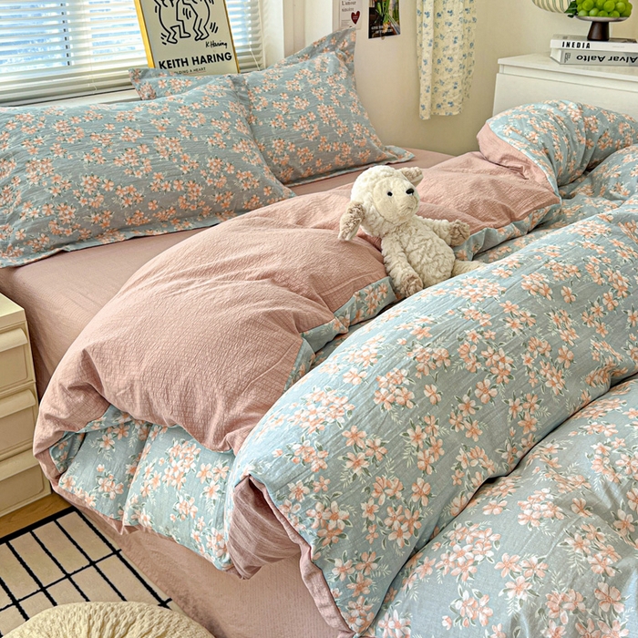 91家纺网 家纺一手货源 找家纺 一比一 2025新款古法水洗棉小布袋高克重云柔棉四件套 晴雅集