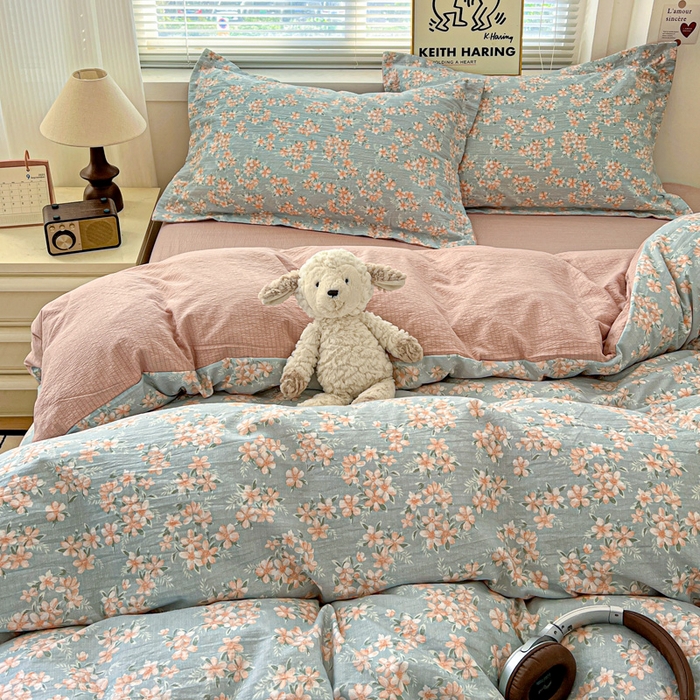 91家纺网 家纺一手货源 找家纺 一比一 2025新款古法水洗棉小布袋高克重云柔棉四件套 晴雅集