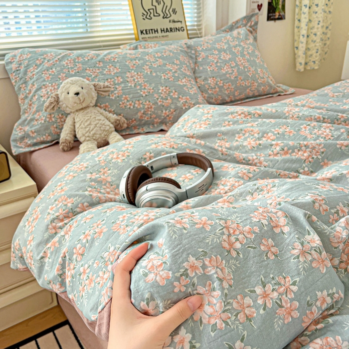 91家纺网 家纺一手货源 找家纺 一比一 2025新款古法水洗棉小布袋高克重云柔棉四件套 晴雅集