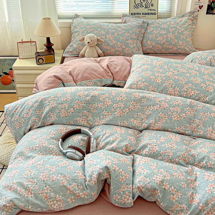 91家纺网 家纺一手货源 找家纺 一比一 2025新款古法水洗棉小布袋高克重云柔棉四件套 晴雅集