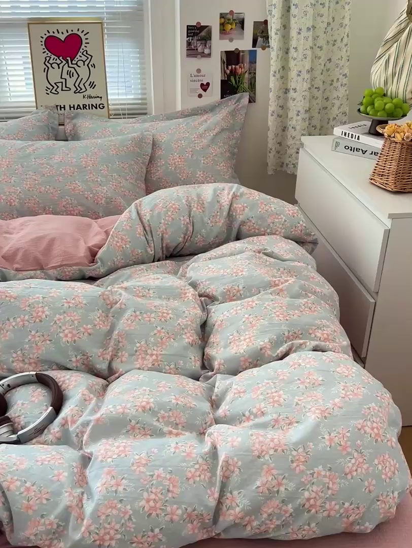 91家纺网 家纺一手货源 找家纺 一比一 2025新款古法水洗棉小布袋高克重云柔棉四件套 晴雅集