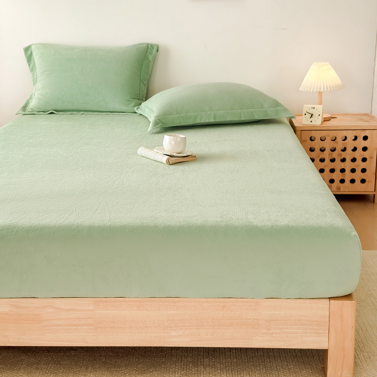 好阁家纺 支持定制2025新款200G牛奶绒纯色床笠 艾绿