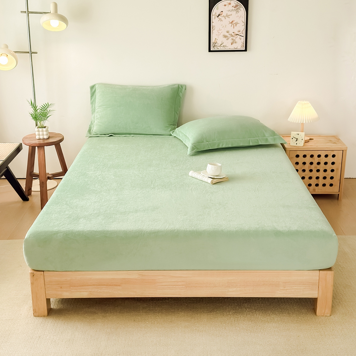 91家纺网 家纺一手货源 找家纺 好阁家纺 支持定制2025新款200G牛奶绒纯色床笠 艾绿