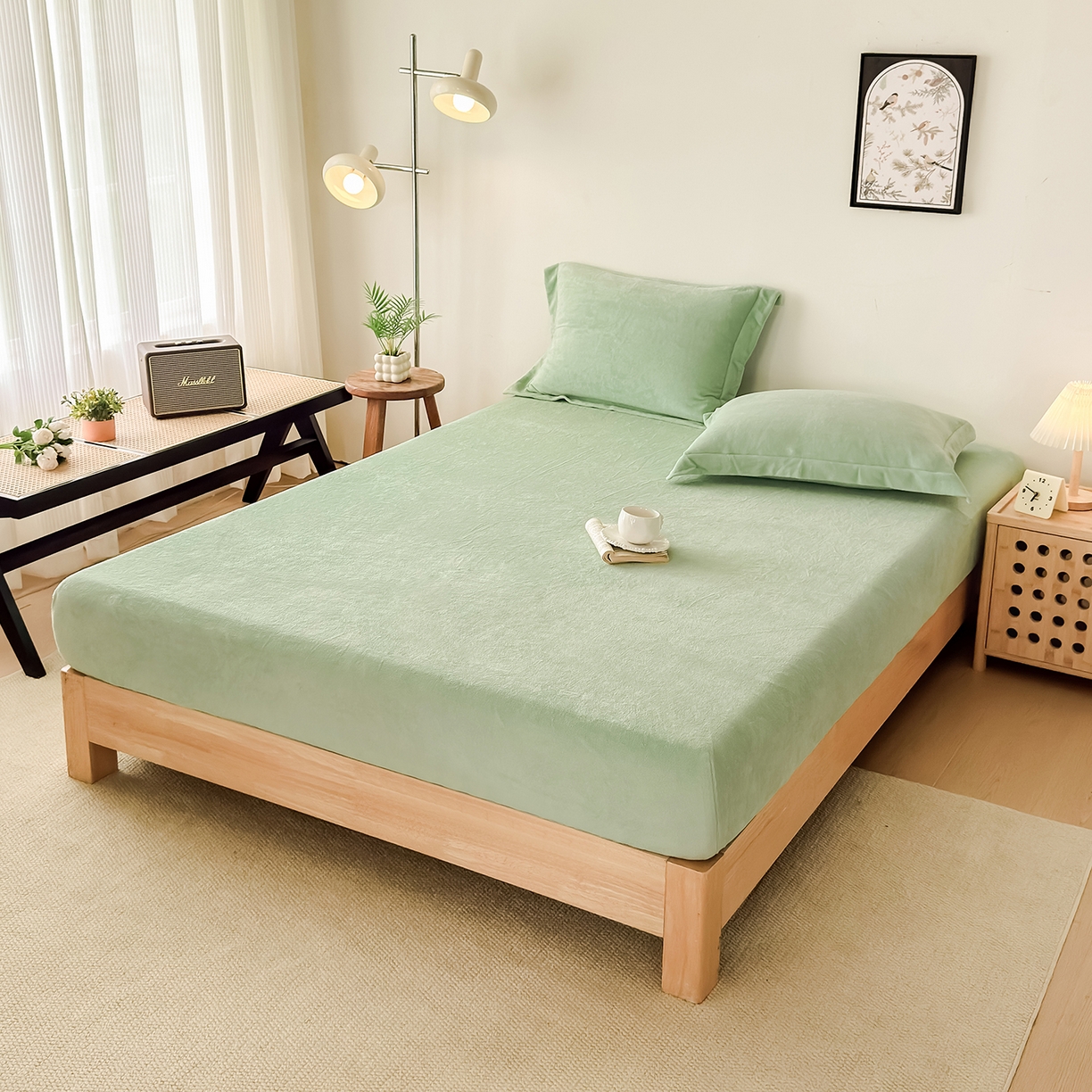 91家纺网 家纺一手货源 找家纺 好阁家纺 支持定制2025新款200G牛奶绒纯色床笠 艾绿