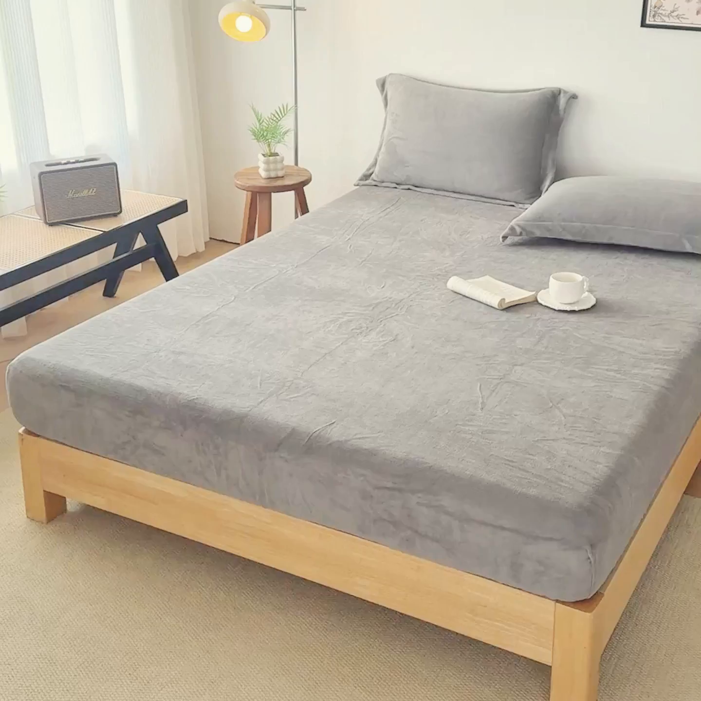 91家纺网 家纺一手货源 找家纺 好阁家纺 支持定制2025新款200G牛奶绒纯色床笠 冰川灰