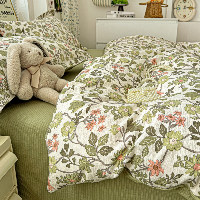 91家纺网 家纺一手货源 找家纺 一比一 2025新款古法水洗棉小布袋高克重云柔棉四件套 藤蔓