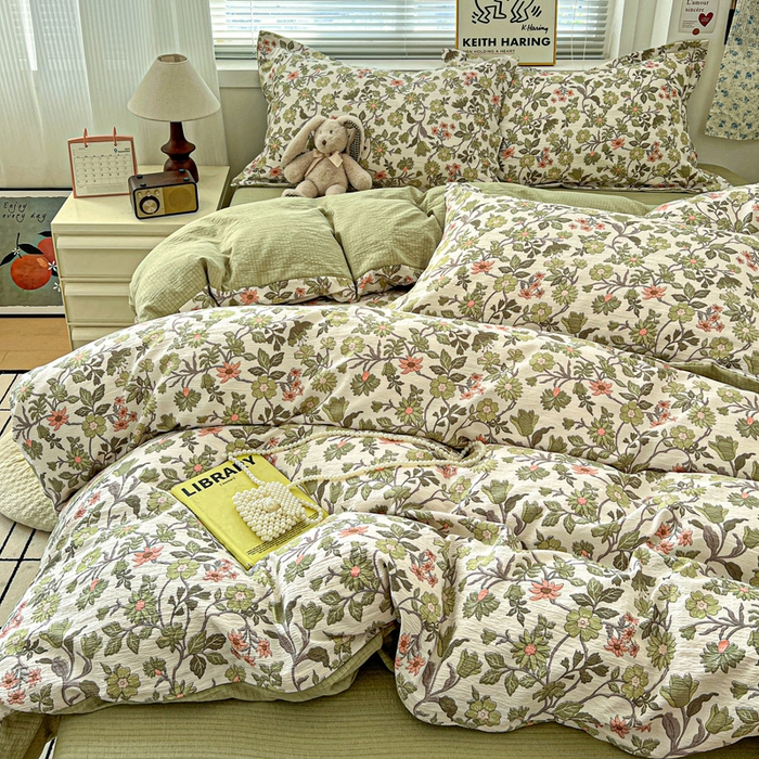 91家纺网 家纺一手货源 找家纺 一比一 2025新款古法水洗棉小布袋高克重云柔棉四件套 藤蔓