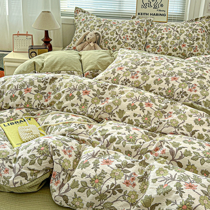 91家纺网 家纺一手货源 找家纺 一比一 2025新款古法水洗棉小布袋高克重云柔棉四件套 藤蔓