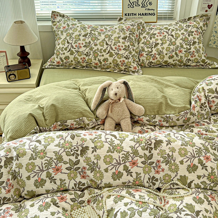 91家纺网 家纺一手货源 找家纺 一比一 2025新款古法水洗棉小布袋高克重云柔棉四件套 藤蔓