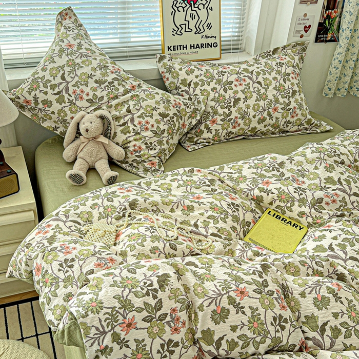 91家纺网 家纺一手货源 找家纺 一比一 2025新款古法水洗棉小布袋高克重云柔棉四件套 藤蔓