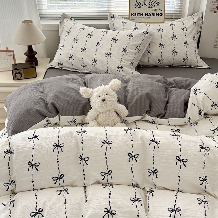 91家纺网 家纺一手货源 找家纺  一比一 2025新款古法水洗棉小布袋高克重云柔棉四件套 线条蝴蝶结