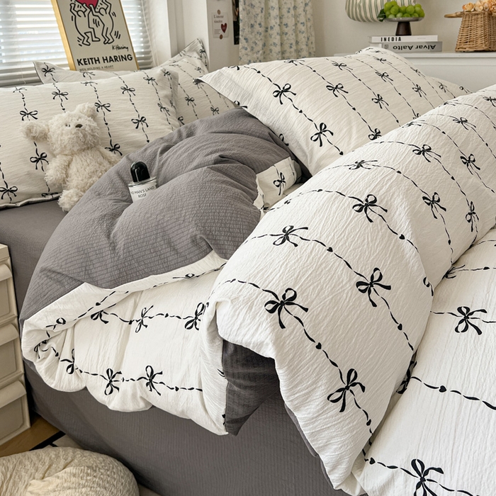 91家纺网 家纺一手货源 找家纺  一比一 2025新款古法水洗棉小布袋高克重云柔棉四件套 线条蝴蝶结