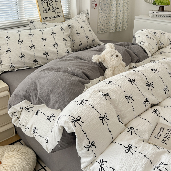 91家纺网 家纺一手货源 找家纺  一比一 2025新款古法水洗棉小布袋高克重云柔棉四件套 线条蝴蝶结