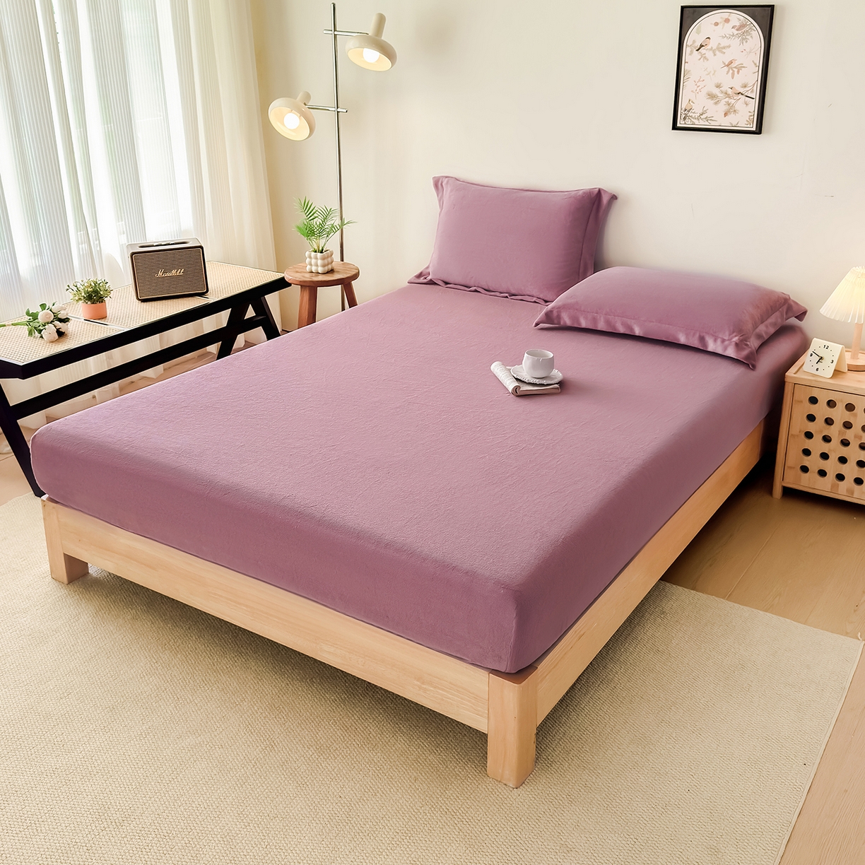 91家纺网 家纺一手货源 找家纺 好阁家纺 支持定制2025新款200G牛奶绒纯色床笠 粉紫