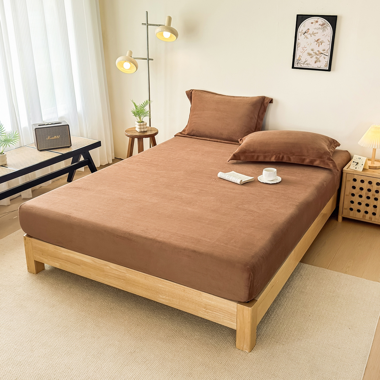 91家纺网 家纺一手货源 找家纺 好阁家纺 支持定制2025新款200G牛奶绒纯色床笠 焦糖