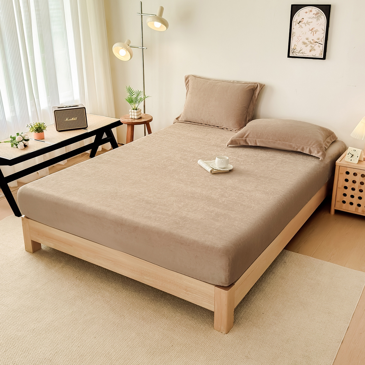 91家纺网 家纺一手货源 找家纺 好阁家纺 支持定制2025新款200G牛奶绒纯色床笠 卡其