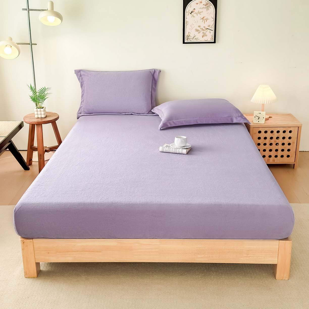 91家纺网 家纺一手货源 找家纺 好阁家纺 支持定制2025新款200G牛奶绒纯色床笠 葡萄紫