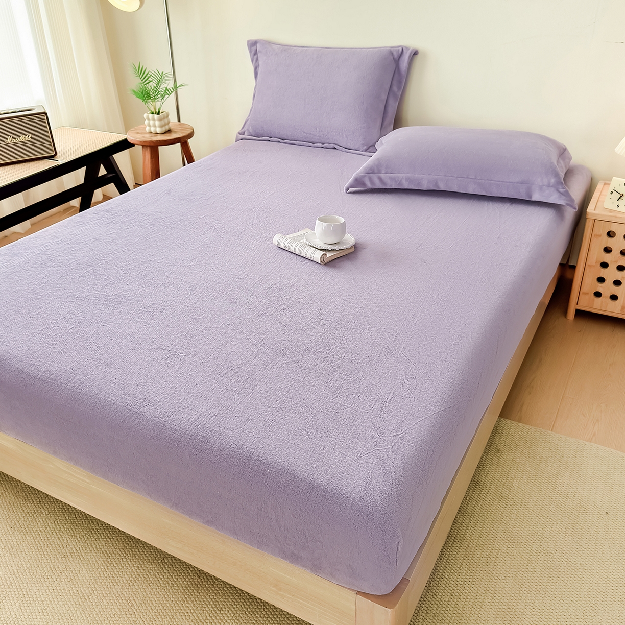 91家纺网 家纺一手货源 找家纺 好阁家纺 支持定制2025新款200G牛奶绒纯色床笠 葡萄紫