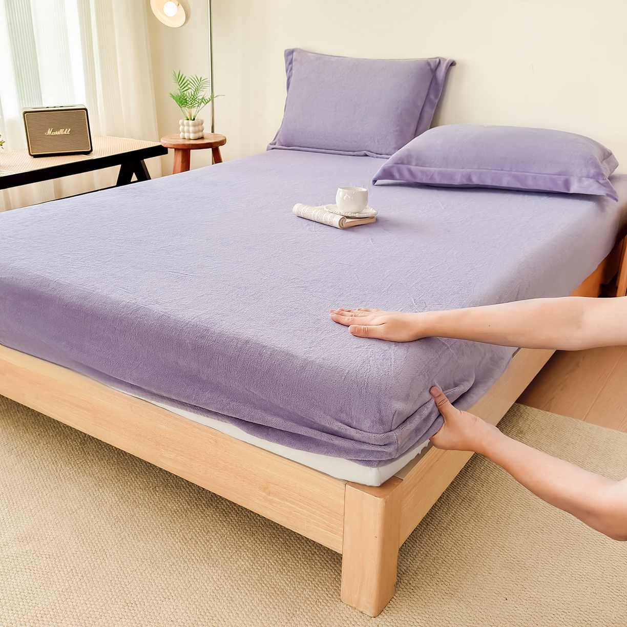 91家纺网 家纺一手货源 找家纺 好阁家纺 支持定制2025新款200G牛奶绒纯色床笠 葡萄紫