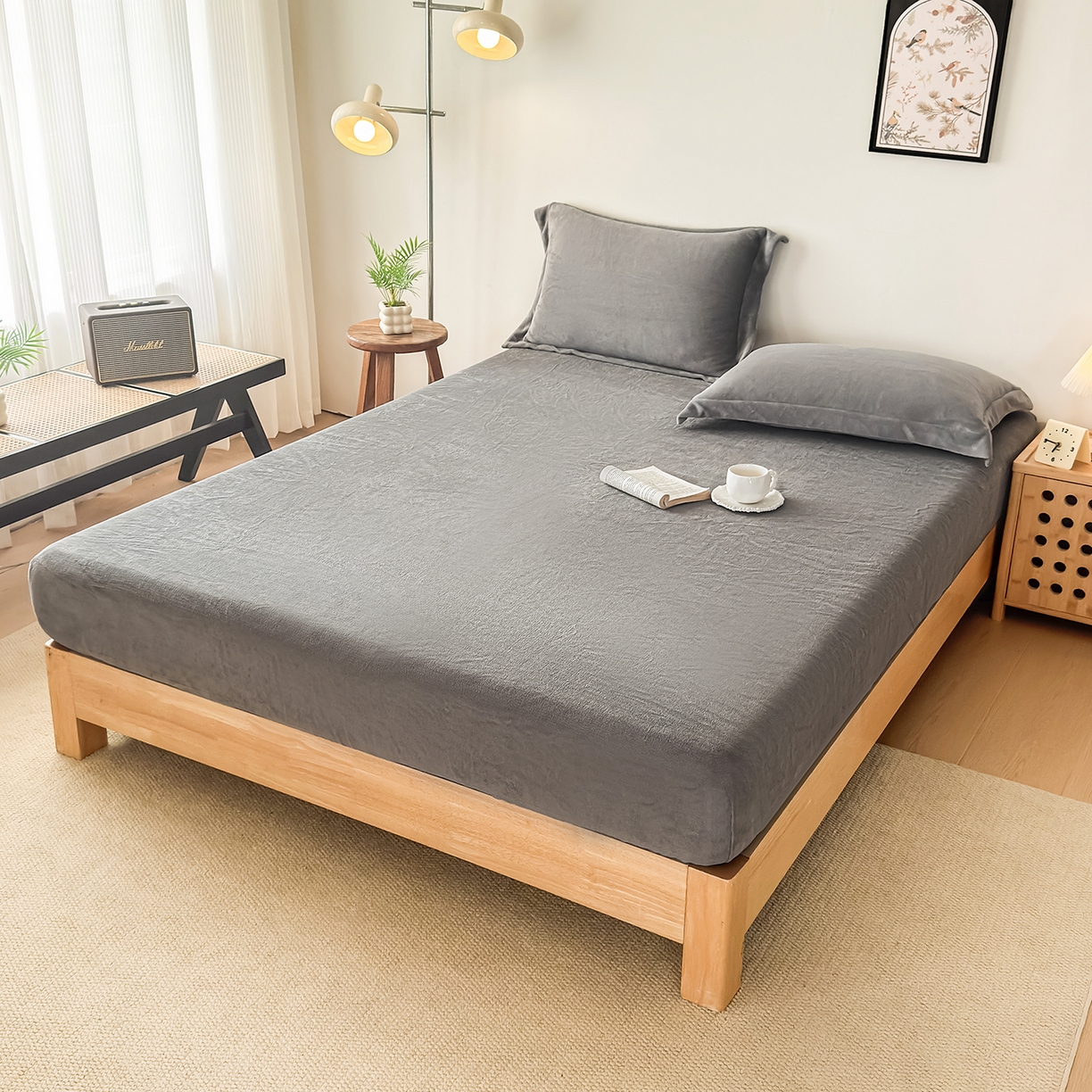 91家纺网 家纺一手货源 找家纺 好阁家纺 支持定制2025新款200G牛奶绒纯色床笠 星空灰