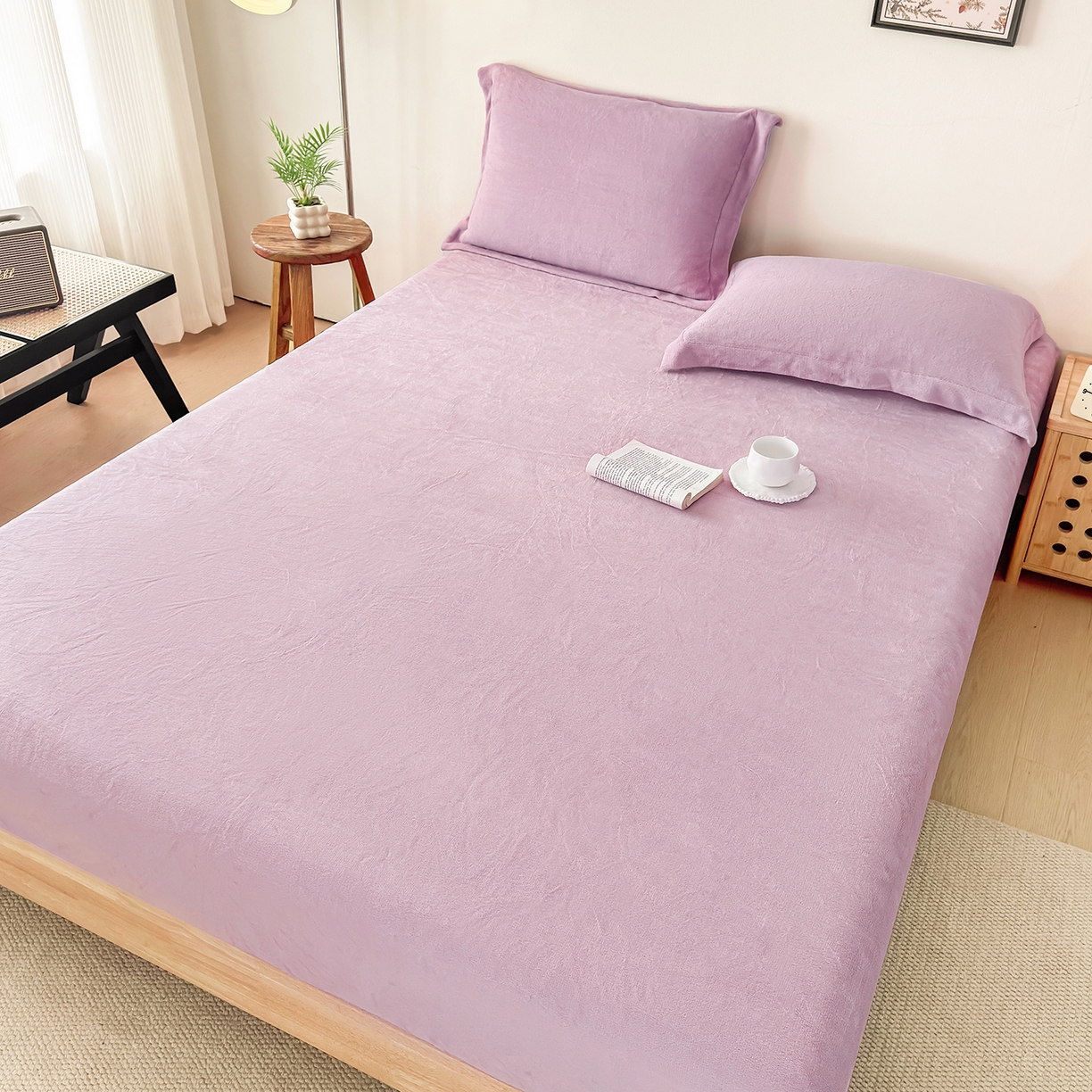 91家纺网 家纺一手货源 找家纺 好阁家纺 支持定制2025新款200G牛奶绒纯色床笠 芋泥紫