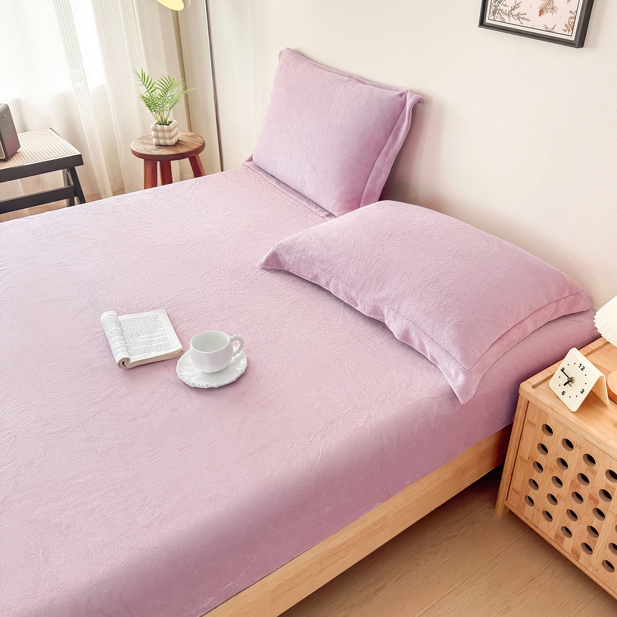 91家纺网 家纺一手货源 找家纺 好阁家纺 支持定制2025新款200G牛奶绒纯色床笠 芋泥紫