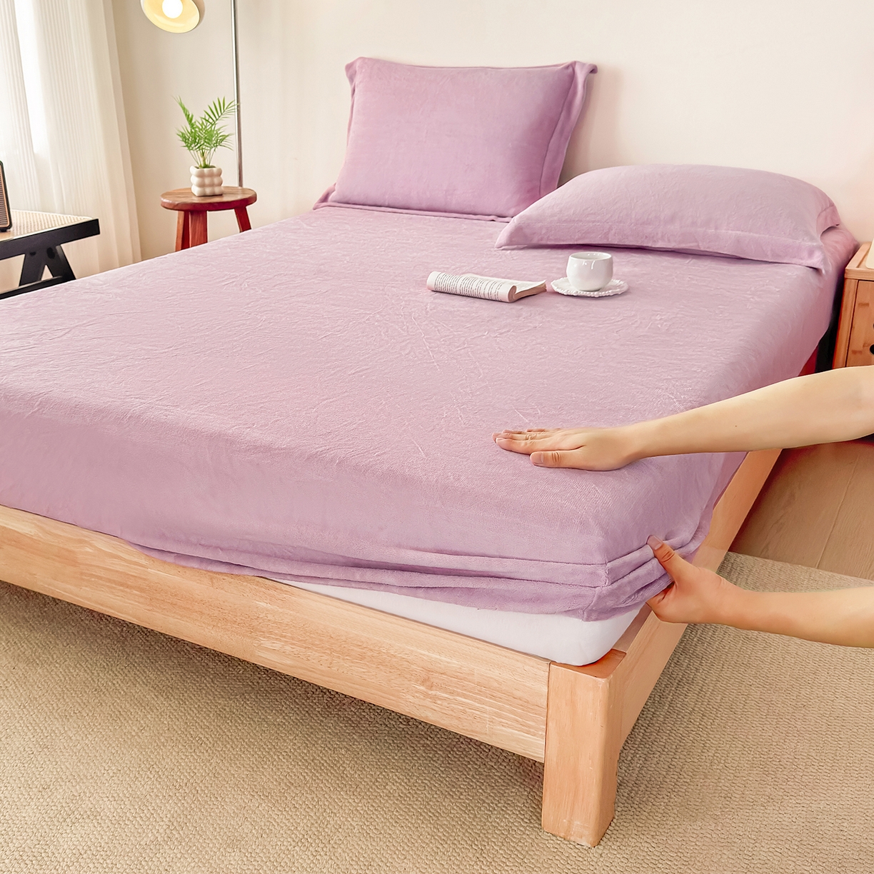 91家纺网 家纺一手货源 找家纺 好阁家纺 支持定制2025新款200G牛奶绒纯色床笠 芋泥紫