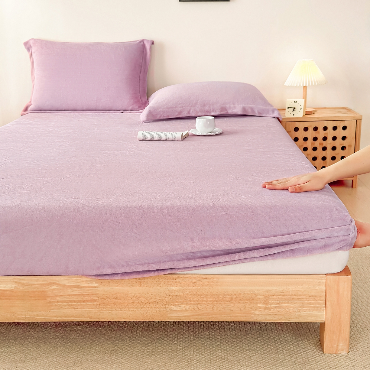 91家纺网 家纺一手货源 找家纺 好阁家纺 支持定制2025新款200G牛奶绒纯色床笠 芋泥紫