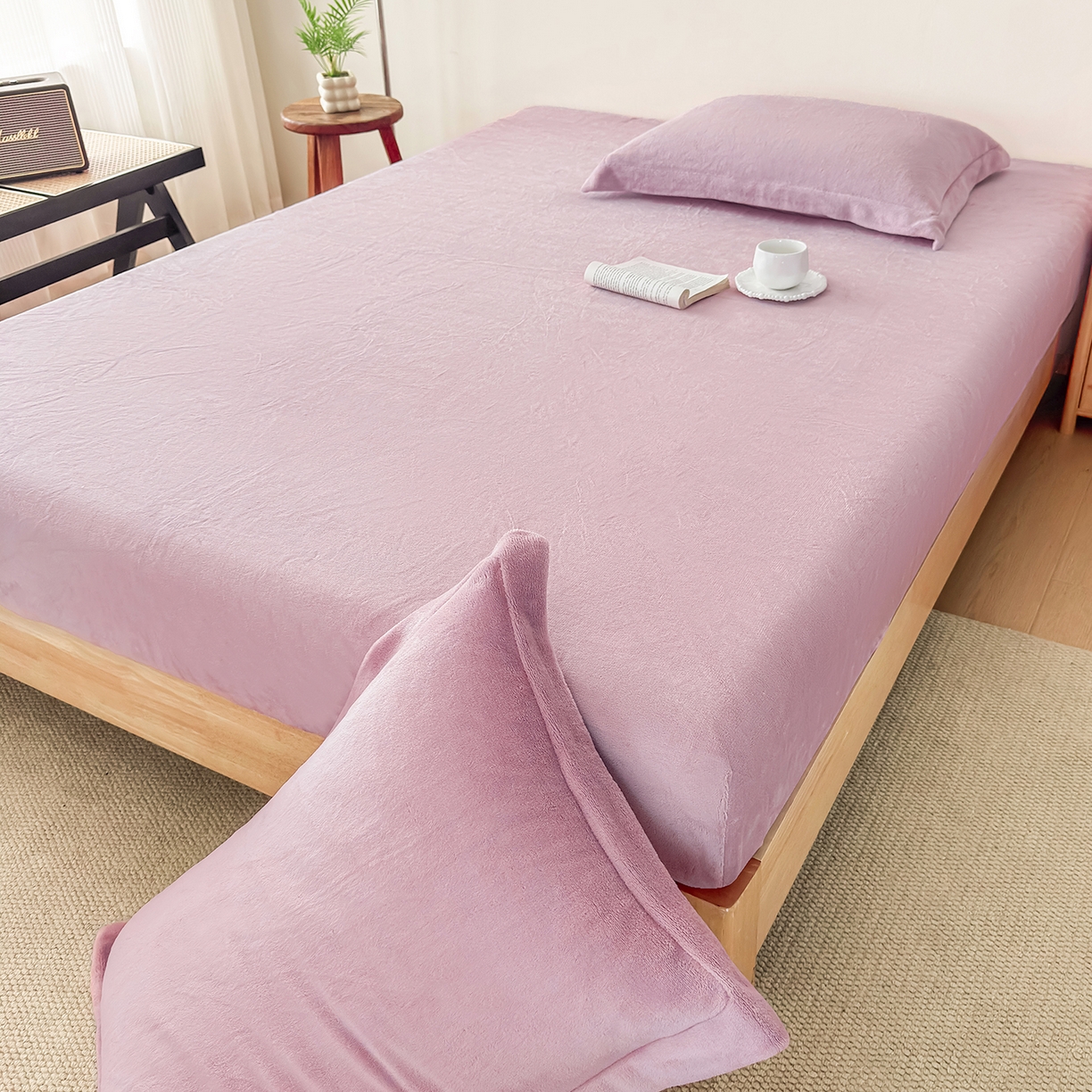 91家纺网 家纺一手货源 找家纺 好阁家纺 支持定制2025新款200G牛奶绒纯色床笠 芋泥紫