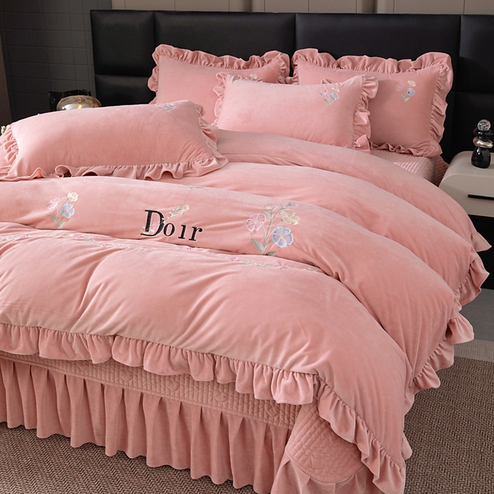 畅畅家纺 2025新款宝宝绒绣花床盖四件套婴儿绒纯色牛奶绒四件套 豆沙