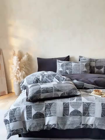 91家纺网 家纺一手货源 找家纺 蓝邻家纺 2025年新款全棉色织提花磨毛四件套 梵沐-灰黑