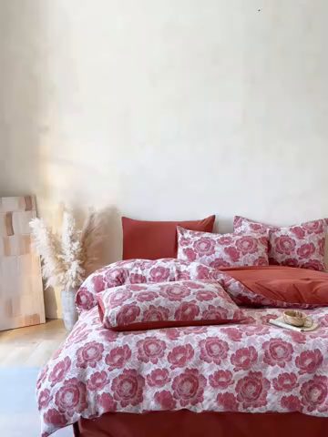 91家纺网 家纺一手货源 找家纺 蓝邻家纺 2025年新款全棉色织提花磨毛四件套 云漫-红