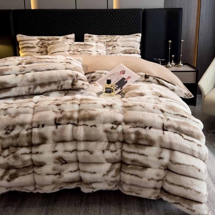 畅畅家纺 2025新款高克重10斤加厚轻奢扎染兔毛绒四件套-巴黎之春 巴黎之春-驼色