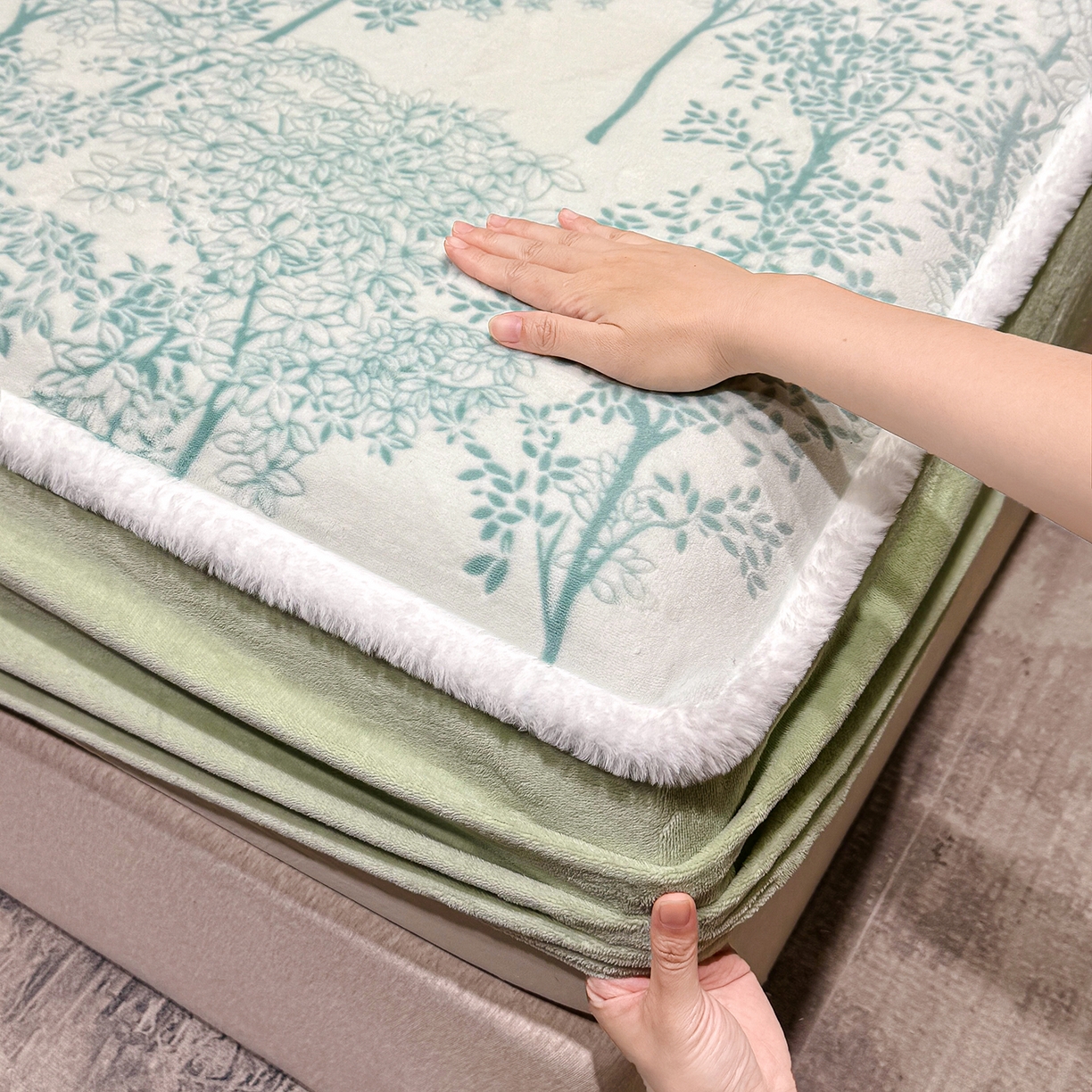 91家纺网 家纺一手货源 找家纺 ME/ERA HOME寐时代 2025新款牛奶绒雕花兔毛绒包边床笠 国色天香