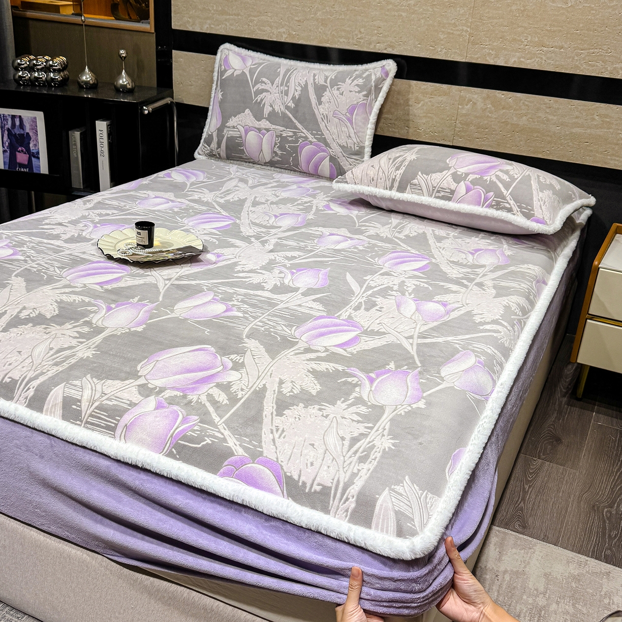 ME/ERA HOME寐时代 2025新款牛奶绒雕花兔毛绒包边床笠 郁金香紫