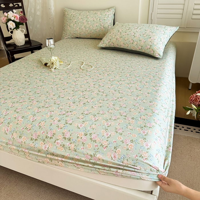 91家纺网 家纺一手货源 找家纺 卢赛尔 2025新款水洗珍珠棉皱皱纱印花床笠 千姿