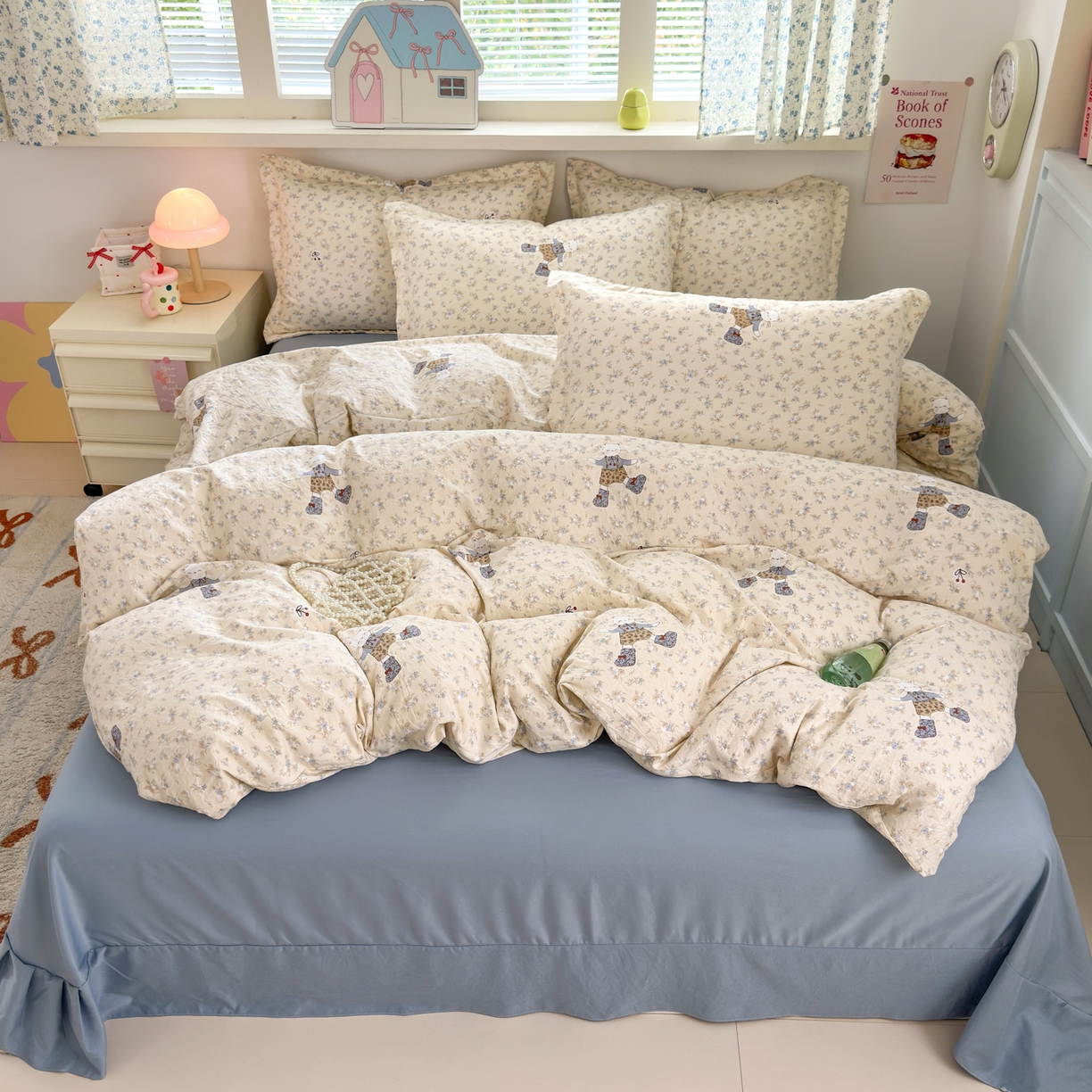 91家纺网 家纺一手货源 找家纺 德比尔斯 2025新款爆款韩国小布袋古法水洗棉云感棉四件 开心兔